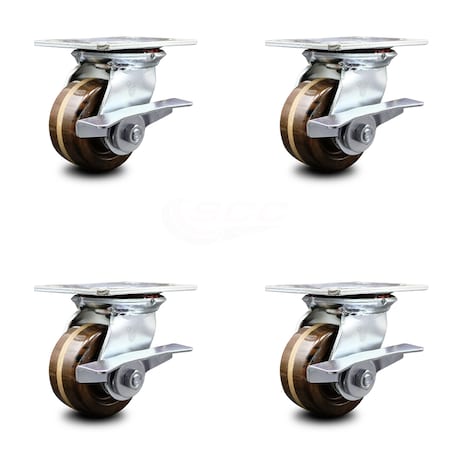 Service Caster 4 Inch Heavy Duty High Temp Phenolic Caster Set with Roller Bearings and Brakes SCC-35S420-PHRHT-SLB-4